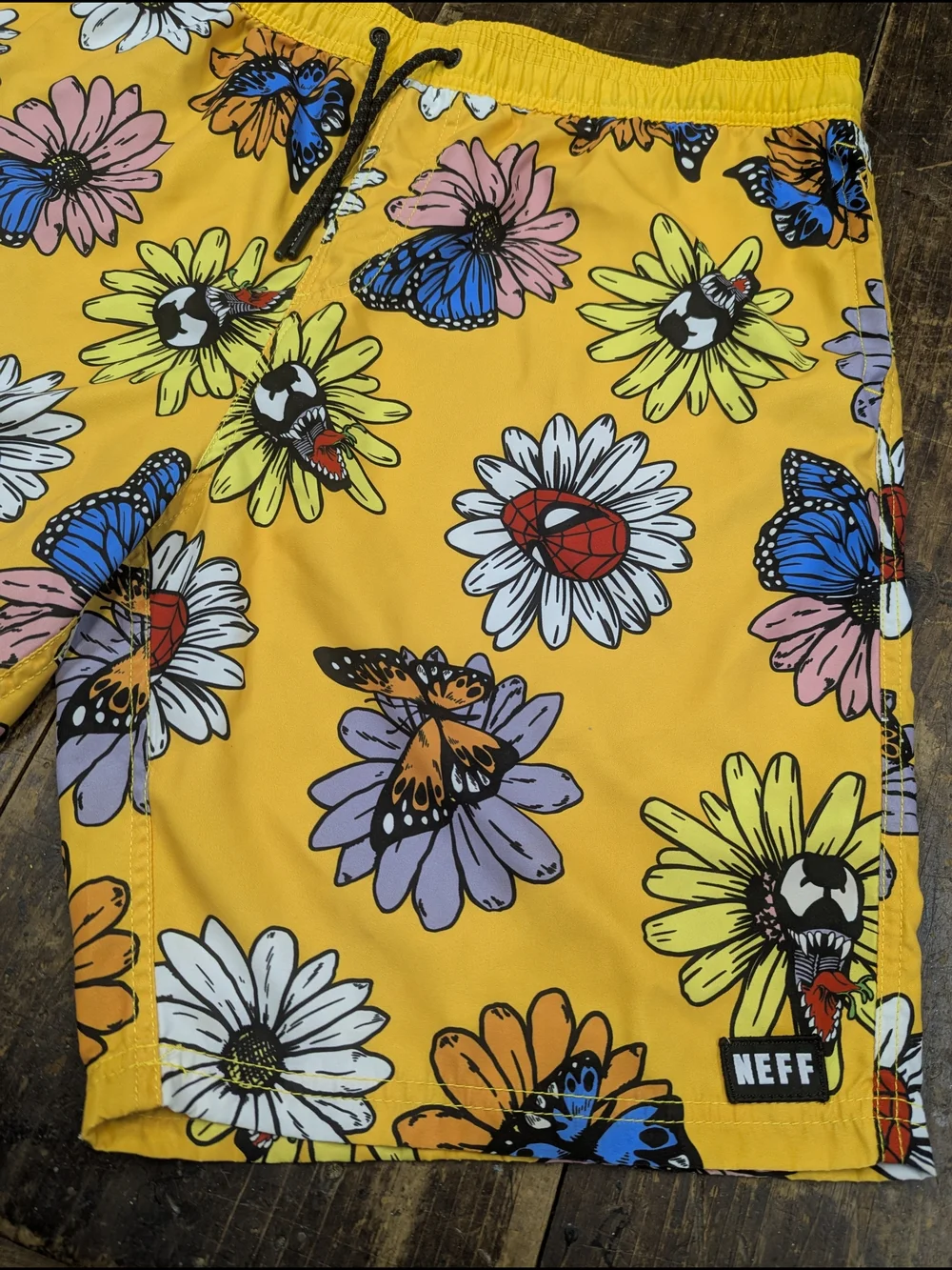 Neff Yellow Floral & Butterfly Board Shorts Marvel Spiderman And Venom